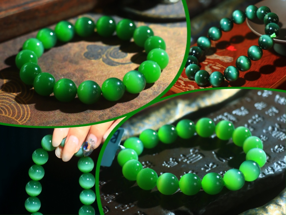 和田玉专属定制-碧玉猫眼手串新品赏析